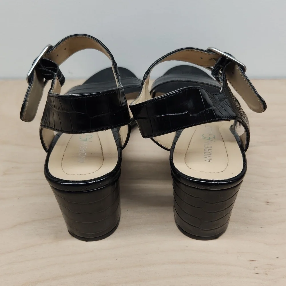 Andrew Geller Burbank Black Crocodile Sandals Platforms Buckle Women's Sz 8 1/2M